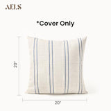 AELS 18x18 Decorative Farmhouse Linen Blend Throw Pillow Covers, Boho Textured Pillow Case, Set of 2,Beige with White & Navy Blue Stitch Yarn Dyed Stripe Cushion Cover for Sofa Living Room(Cover ONLY)