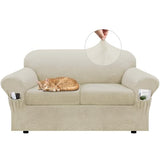 Loveseat Slipcover with Armrest Pockets 3-Piece Set, Stretch Faux Leather Love Seat Covers for 2-Cushion Couches(Fits 58-66") - Non-Slip, Machine Washable, Pet & Kid Friendly - Beige