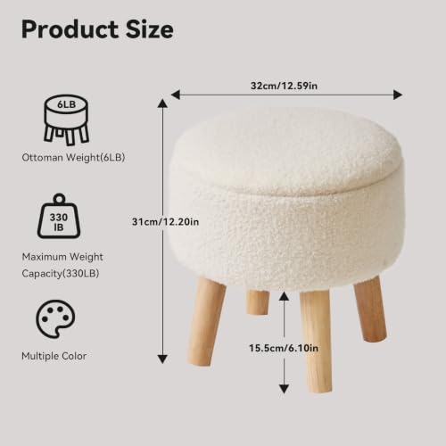 IBUYKE Small Foot Stool Ottoman with Storage, Round, Cream