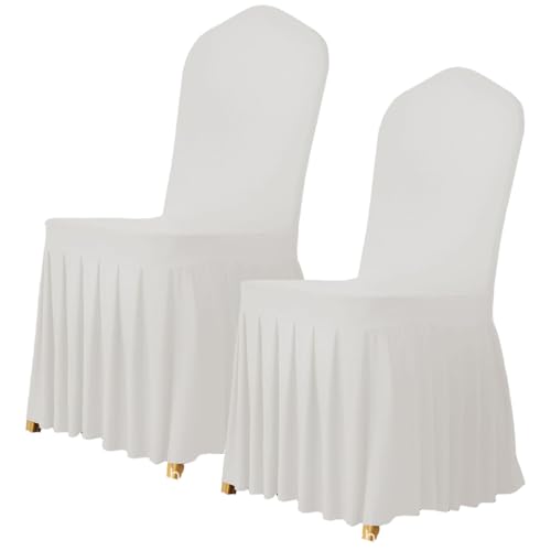2PCS Dining Chair Slipcovers Stretch White Dorm Chair Cover with Skirt Washable Furniture Protector for Wedding Party Banquet, Stretch Covers