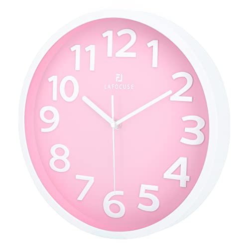 Lafocuse 12 Inch Silent 3D Numbers Pink Wall Clock Girls Bedroom, Battery Operated Pink Clock Wall for Living Room Decor