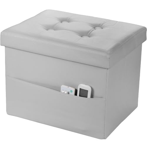 Bsketa Storage Ottoman Bench,16 Inch Folding Leather Foot Rest Stool, Grey