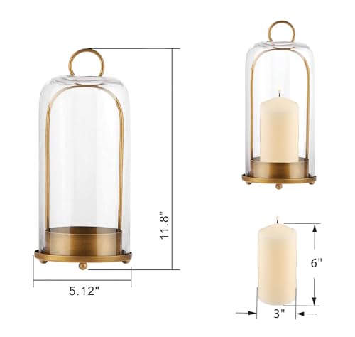 12" High Versatile Modern Metal Hurricane Lantern with Handmade Sturdy Glass Dome in Antique Brass for Pillar Candle & Plants, Industrial, Farmhouse, Shabby Chic (Brass, 5"x12")