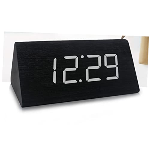 GLEAVI Modern Triangle Led Wooden Alarm Clock Desk Clock Digital Display Thermometer Function USB Powered Battery Operated Black Wood White Light