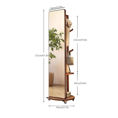 Floor-Standing Solid Wood Rotating Coat Rack，Rustic Wood Full Length Mirror with Coat Rack 360° Rotatable Standing Mirror and Coat Hanger for Bedroom and Living Room Roller Version