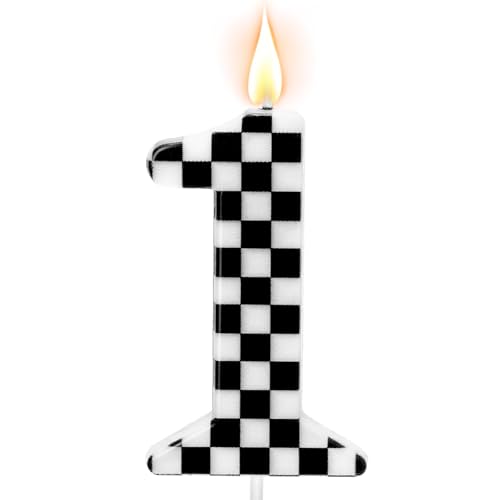 Racing Car Themed Birthday Candles, Number 1 Checkered Candles, Black & White Checkered Cake Topper, Cool Racing Themed Party Supplies, Special Candle