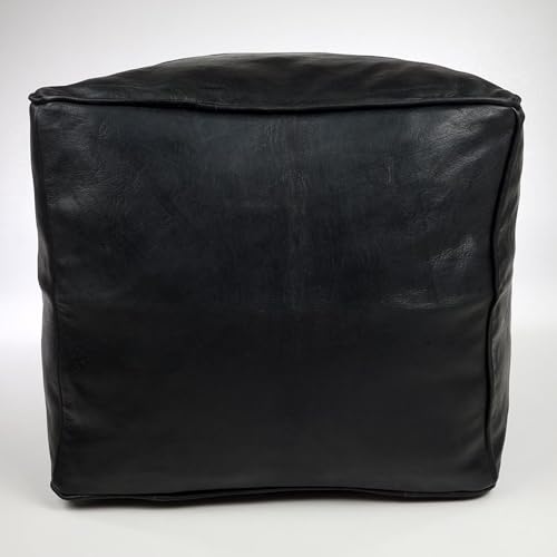 Handmade Moroccan Square Leather Pouf – Delivered Unstuffed – Ottoman, Footstool, Footrest, Hassock, Floor Cushion – Versatile Artisan Accent (Oiled Black)