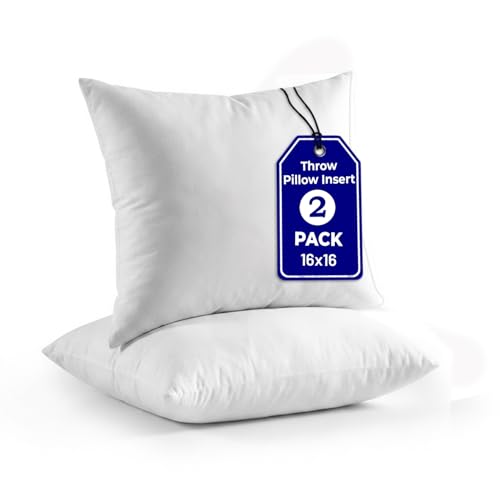 QUBA LINEN Throw Pillow Inserts (Set of 2, White), 16x16 Inches - Premium Cushion Fillers for Sofa, Bed, and Home Décor (16x16 Inch (Pack of 2))