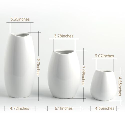 hjn Ceramic Vase Set of 3 White Flower Vase for Home Decor, Modern Decorative Vases for Flowers/Ideal Shelf Decor/Table/Living Room/Kitchen/Office-White