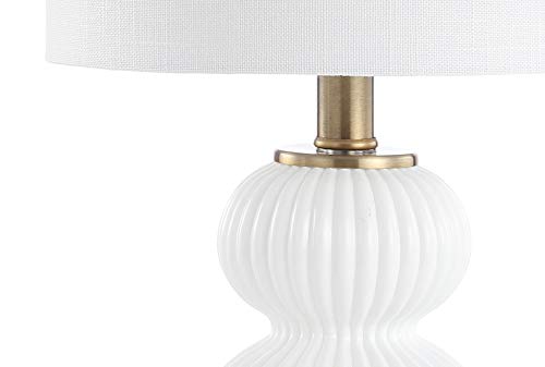 JONATHAN Y 20" White/Brass Gold Ribbed Gourd Glass Table Lamp, Modern Bedside Lamp for Bedroom Living Room, White Linen Drum Shade, LED Bulb Included JYL1099A