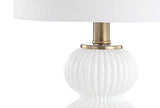 JONATHAN Y 20" White/Brass Gold Ribbed Gourd Glass Table Lamp, Modern Bedside Lamp for Bedroom Living Room, White Linen Drum Shade, LED Bulb Included JYL1099A