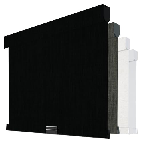 Boolegon Cordless Blackout Roller Shades for Windows, Free-Stop Linen Shades with Valance, Thermal Insulated Fabric, UV Protection Roller Blinds for Home, Office (Black, 15" W x 48" H)