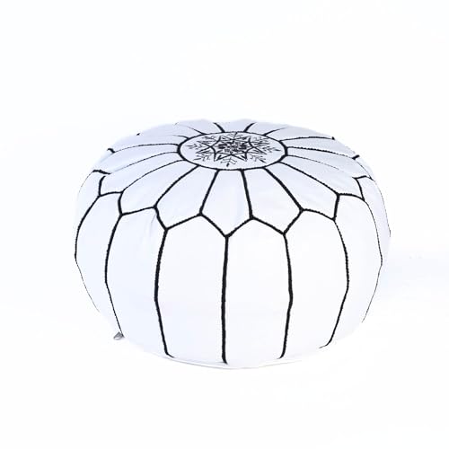 Handmade Moroccan Embroidered Leather Pouf | Delivered Unstuffed | Ottoman, Footstool, Footrest, Hassock, Floor Cushion, Coffee Table, Under Desk (White)