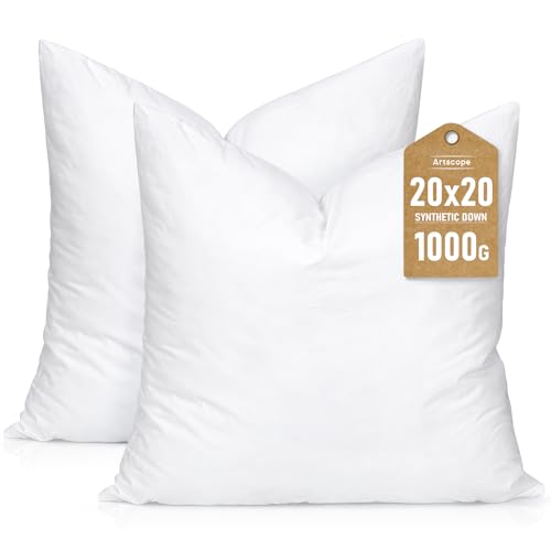 Artscope Synthetic Down Pillow Insert, 20x20 Throw Pillow Inserts Set of 2 | Down Alternative Ultra Soft Fluffy Sleeping Pillow, 100% Cotton Cover, Decorative Pillows-White