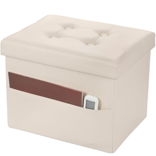 Bsketa Storage Ottoman Bench,17 Inch Folding Leather Foot Rest Stool, Beige