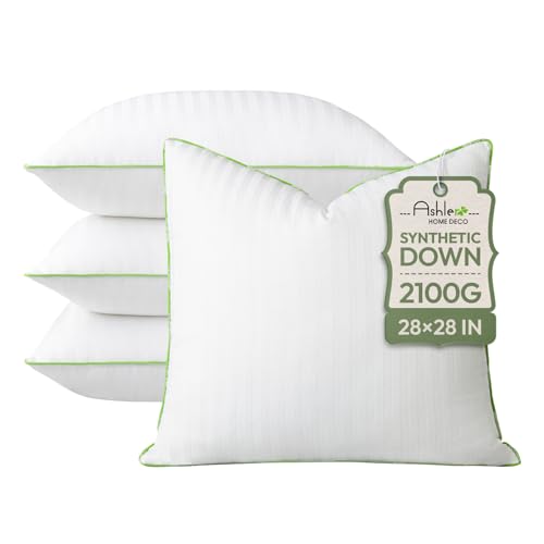Ashler Home Deco Synthetic Down Pillow Inserts, 28x28 Down Alternative Throw Pillows Insert Sleeping Pillows with 100% Cotton Cover Decorative Pillow Stuffer for Sofa, Couch Bed(Set of 4, White)