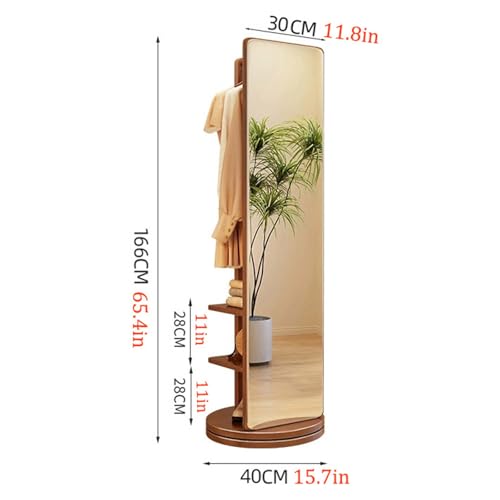 Floor-Standing Solid Wood Rotating Coat Rack，360° Rotating Full Length Mirror with Coat Rack - Solid Wood Freestanding Dressing Mirror with Hanging Hooks - Stylish Clothes Hanger for Bedroom