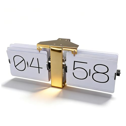 Zunate Retro Flip Desk Shelf Clock, Flipping Out Wall and Tabletop Flip Clock, 24Hour Modern Retro Flip Down, Classic Mechanical Digital Display Battery Powered for (Gold Frame