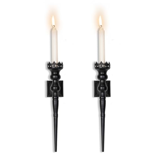 Gothic Wall Sconce Candle Holder for Taper Candles (Set of 2) Black Iron Crown and Scepter Design Victorian Wall Decor for Living Room, Bathroom,Dining Room