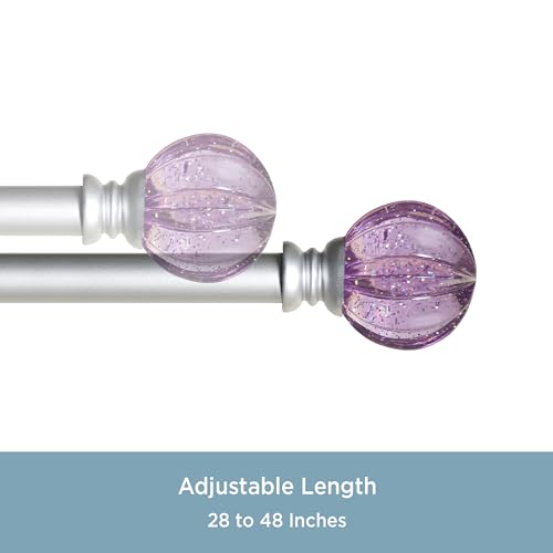 Kenney – Estrella Curtain Rod, Durable Steel with Purple Sparkle Fluted Acrylic Ends, 5/8" Diameter, Adjustable 28–48", Brushed Nickel Finish