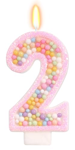 Pink Birthday Candles - Number 2 Candle, Colorful Macaron Candles, 2 Cake Topper, Pink Birthday Decorations for Girl, Sweet Theme Birthday Party Supplies