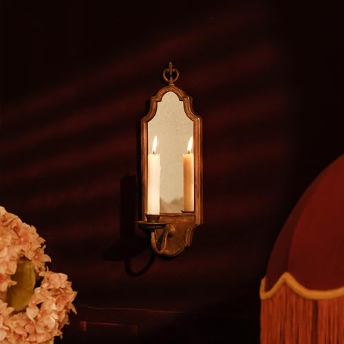 SOFFEE DESIGN Mirrored Wall Candle Holder - Antique Copper Sconce for Taper Candles, Elegant Hanging Decor