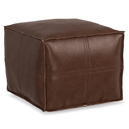 SIMPLIHOME Brody 18" Wide Square Pouf in Distressed Dark Brown Faux Leather