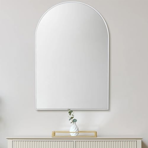 Arched White Bathroom Mirror,24 x 36 Inch Arch Wall Mirror with Wood Frame,Vanity Modern Tempered Glass Mirror for Bedroom,Entryway,Living Room