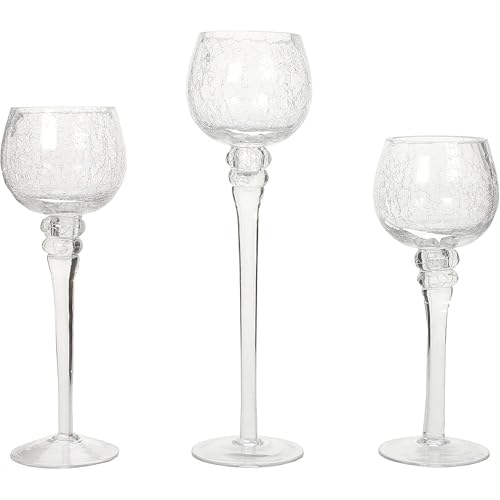 Hosley Set of 3 Crackle Clear Glass Tealight Holders -12 Inch, 10 Inch, 9 Inch Ideal for Weddings Special Events Parties