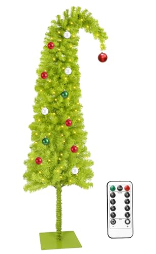 HMASYO 5ft Whimsical Artificial Christmas Tree with 150 LED Timer Lights, Lime Green Bendable Christmas Tree with Ball Ornaments & Metal Base Holiday Decor for Home, Office, Party, Easy Assembly