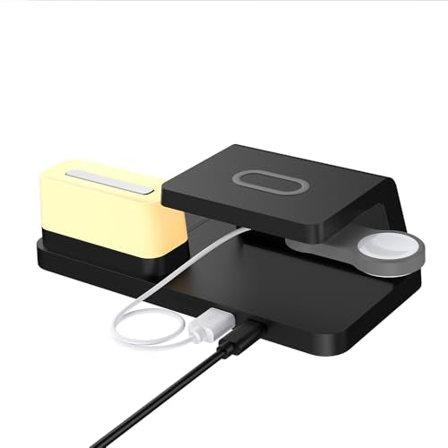 IHAO 6in1Digital Alarm Clock with Wireless Charging Station Night Light 15W Fast Charging for Qi Phone Headphone Bracket for iWatch Charger LED Display Dimmable Brightness-HT309 Black