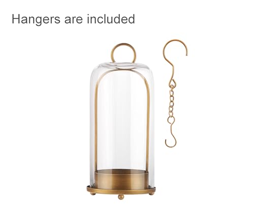 12" High Versatile Modern Metal Hurricane Lantern with Handmade Sturdy Glass Dome in Antique Brass for Pillar Candle & Plants, Industrial, Farmhouse, Shabby Chic (Brass, 5"x12")