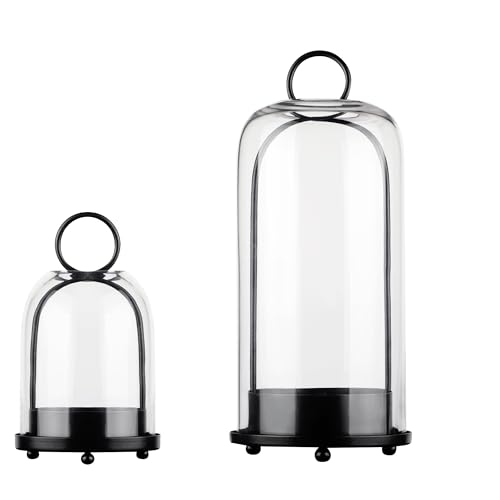 5" & 4" Wide Versatile Metal Candle Holder in Black with Handmade Thick, Heavy & Sturdy Glass Dome for Pillar Candle, Industrial, Modern, Shelf, Mantel, Veranda, Porch (Black, Large & Small)