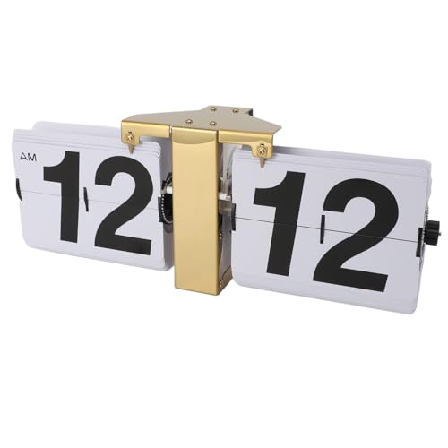 Flip Desk Clock Mechanical Clock Battery Operated Desktop Vertical Wall Mounted Retro Digital Flip Clock 12H Gold Base and White Flip Cover Ideal for Home Office School (Gold)