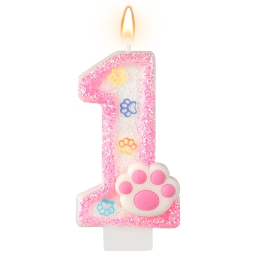 AKURIEEY Dog and Cat 1st Birthday Candle Pink Numbers 1 Candle Paw Cake Topper Cupcake Decorations for Pet Theme Party Decor Anniversary Celebrations Supplies