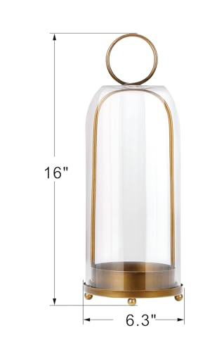 16" High Versatile Modern Metal Hurricane Lantern with Handmade Sturdy Glass Dome in Antique Brass for Pillar Candle & Plants, Industrial, Farmhouse, Shabby Chic (Brass, 6.3"x16.5")