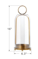 16" High Versatile Modern Metal Hurricane Lantern with Handmade Sturdy Glass Dome in Antique Brass for Pillar Candle & Plants, Industrial, Farmhouse, Shabby Chic (Brass, 6.3"x16.5")