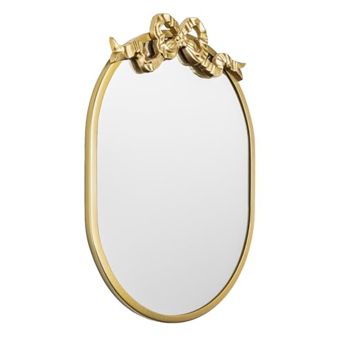 SANY DAYO HOME Wall Hanging 16″ x 12″ Gold Metal Framed Oval Mirror with Decorative Bow, Modern Farmhouse Real Glass Accent Mirror for Vanity, Bathroom, Entryway