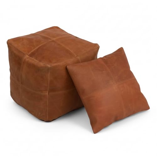 RAJERIYA Experience The Perfect Blend of Rustic Charm and Modern Luxury with Our Handcrafted Genuine Leather Pouf and Matching Pillow Set.