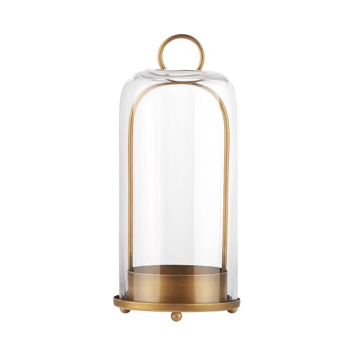12" High Versatile Modern Metal Hurricane Lantern with Handmade Sturdy Glass Dome in Antique Brass for Pillar Candle & Plants, Industrial, Farmhouse, Shabby Chic (Brass, 5"x12")