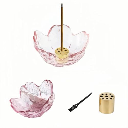 Aphrodite Inspired Incense Holder, Pink Glass Lotus Flower Burner with Gold Base & Ash Catcher, Crystal Clear Spiritual Home Decor for Yoga, Meditation, Altar, Zen Gift