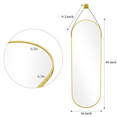 Dewfig 16"x48" Oval Full Length Mirror with Leather Strap Hanging Mirror with Aluminum Frame, Oval Gold Wall-Mounted Mirrors for Living Room Bedroom Entryway Décor, Gold
