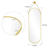 Dewfig 16"x48" Oval Full Length Mirror with Leather Strap Hanging Mirror with Aluminum Frame, Oval Gold Wall-Mounted Mirrors for Living Room Bedroom Entryway Décor, Gold