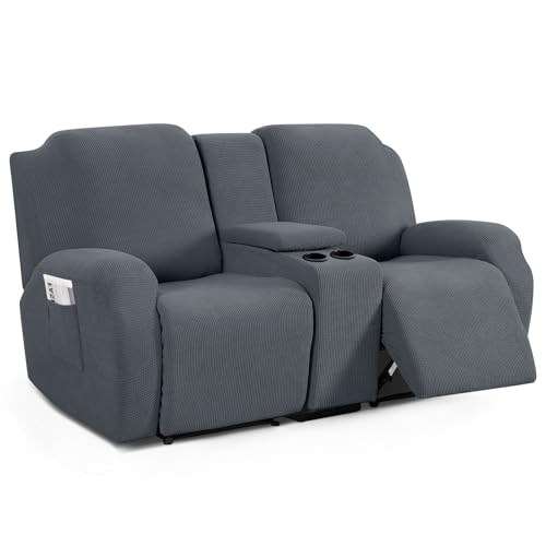 TAOCOCO Loveseat Recliner Cover with Middle Console, Stretch Loveseat Cover for 2 Seat Recliner Couch, Jacquard Reclining Sofa Covers Loveseat Slipcover Furniture Protector, Grey