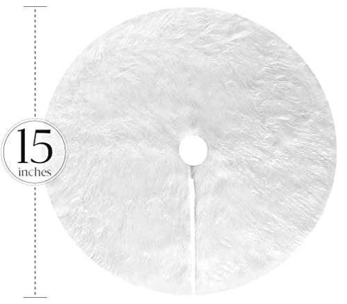 Mini Tree Skirt Small Christmas Tree Skirt White Snow Luxury Faux Fur - 15 inch Miniature Round Skirts for Tabletop/Under Xmas Tree Decorations (15 inch / 16 inches)