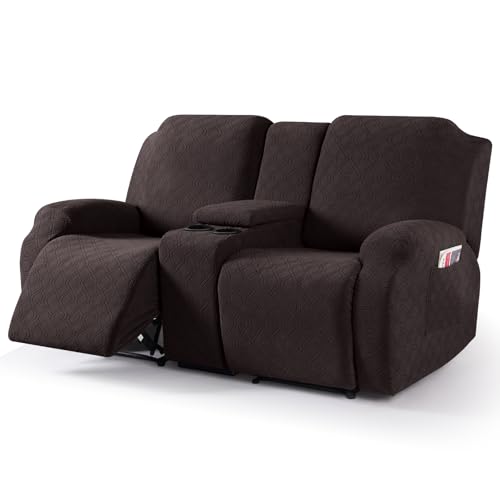 VANSOFY Recliner Loveseat Cover with Middle Console Stretch Reclining Sofa Slipcover for 2 Seat Jacquard Reclining Couch Sofa Covers Furniture Protector with Elastic Straps Bottom(Chocolate)