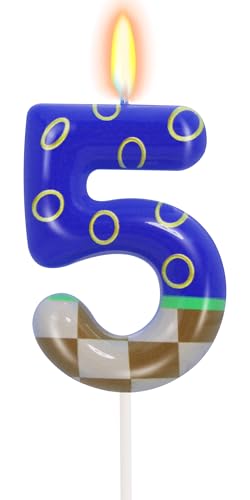 Number 5 Golden Rings Blue Birthday Candle 5 Candle Blue Cake Topper for Boys Girls Hedgehog Cartoon Theme Birthday Party Decorations