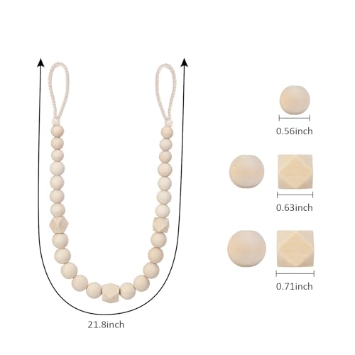 Wood Bead Curtain Tiebacks, KLOGTSIND Set of 2 Curtain Holdbacks for Thin or Thick Window Draperies, Boho Farmhouse Curtain Tiebacks with Hooks, Curtain Tie Backs for Home Office Room Decor