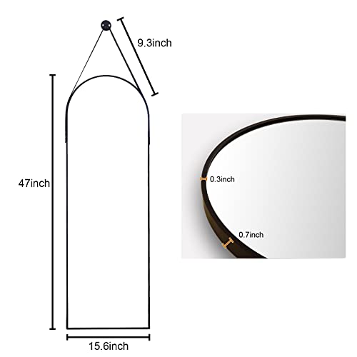 HARRITPURE 16"x48"Arched Mirror with Hanging Leather Strap Full Length Mirror Aluminum Frame Wall-Mounted Arch Hanging Mirrors for Bathroom Vanity Living Room Bedroom Entryway Decor