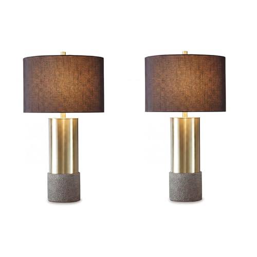 Signature Design by Ashley Jacek Contemporary Table Lamp, 2 Count, 3 Way Switch, Metal, Poly Resin and Drum Shade, 15" W x 15" D x 27.25" H, Gray & Brass Finish